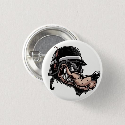 Cartoon Wolf mit Dynamit auf seinem deutschen Helm Button (Vorne & Hinten)