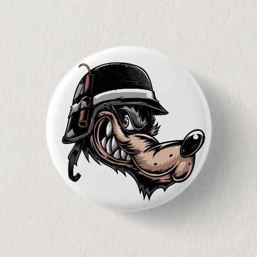 Cartoon Wolf mit Dynamit auf seinem deutschen Helm Button (Vorderseite)