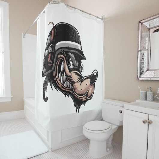Cartoon Wolf mit Dynamit auf seinem deutschen Helm Duschvorhang (Beispiel)