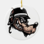 Cartoon Wolf mit Dynamit auf seinem deutschen Helm Keramik Ornament (Hinten)