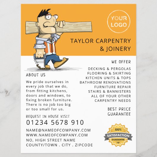 Cartoon Workman, Zimmermann, Zimmerwerbung Flyer (Vorne)