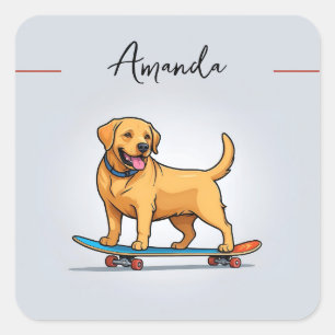 Cartoon Yellow Joful Skateboarding Labrador Quadratischer Aufkleber