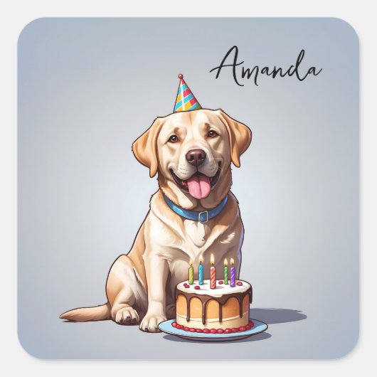 Cartoon Yellow Labrador Retriever Birthday Quadratischer Aufkleber (Vorderseite)