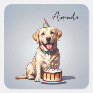 Cartoon Yellow Labrador Retriever Birthday Quadratischer Aufkleber