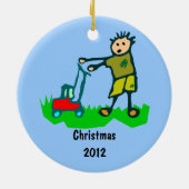 Cartoon Zeichne Mann Rasenmähen Keramik Ornament (Hinten)