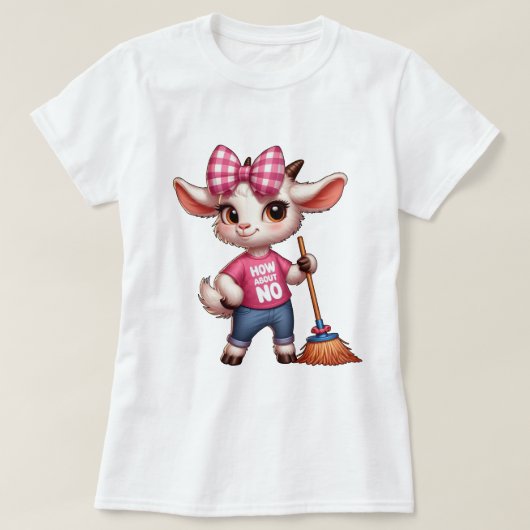 Cartoon-Ziege mit Bow und Broom T-Shirt (Design vorne)