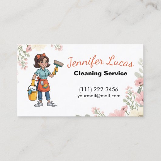 Cartoon Zimmermädchen Reinigungsdienste Visitenkarte (Vorderseite)