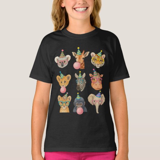 Cartoon Zoo Animals with Party Hats & Bubble Gum T-Shirt (Vorderseite)