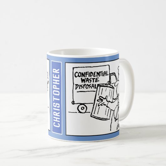 Cartoon zur Entsorgung vertraulicher Abfälle. Kaffeetasse (VorderseiteRechts)