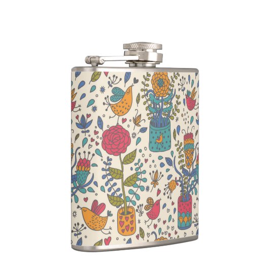 Cartoonblumenmuster mit Vögeln 2 Flachmann (Rechts)