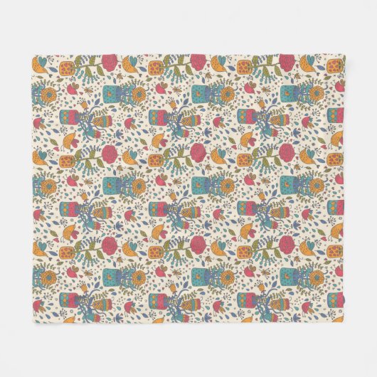 Cartoonblumenmuster mit Vögeln 2 Fleecedecke (Vorderseite (Horizontal))