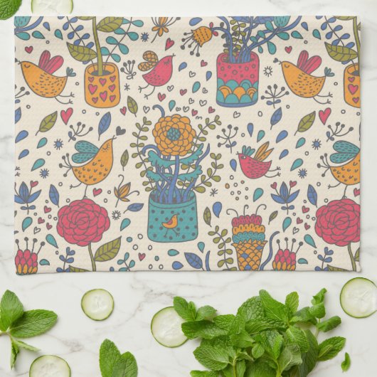 Cartoonblumenmuster mit Vögeln 2 Geschirrtuch (Gefaltet)