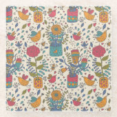 Cartoonblumenmuster mit Vögeln 2 Glasuntersetzer (Vorderseite)