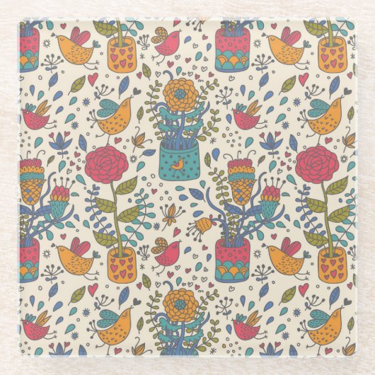 Cartoonblumenmuster mit Vögeln 2 Glasuntersetzer (Vorderseite)