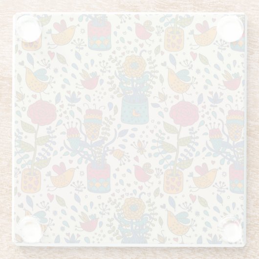 Cartoonblumenmuster mit Vögeln 2 Glasuntersetzer (Rückseite)