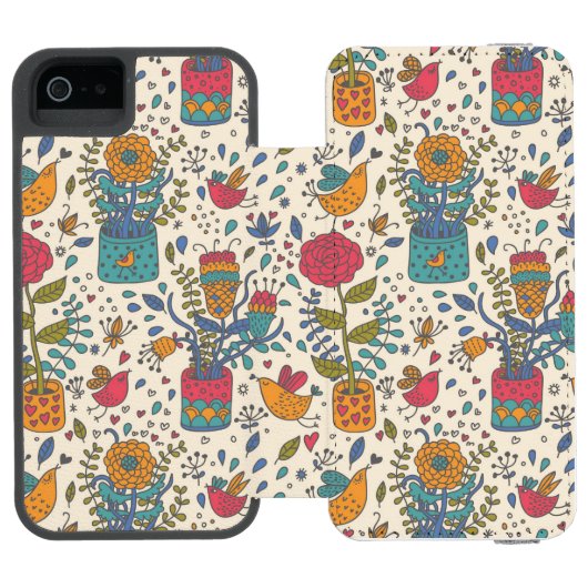 Cartoonblumenmuster mit Vögeln 2 Incipio iPhone Geldbeutel-Hülle (Folio Geöffnet)