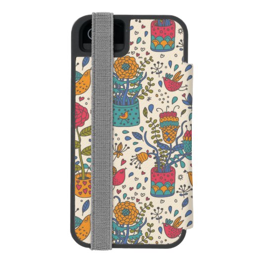 Cartoonblumenmuster mit Vögeln 2 Incipio iPhone Geldbeutel-Hülle (Folio Rückseite)