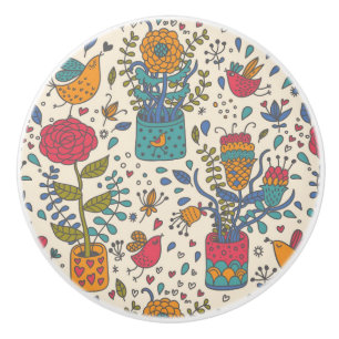 Cartoonblumenmuster mit Vögeln 2 Keramikknauf