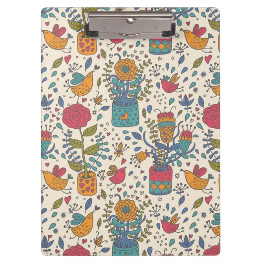 Cartoonblumenmuster mit Vögeln 2 Klemmbrett (Vorderseite)