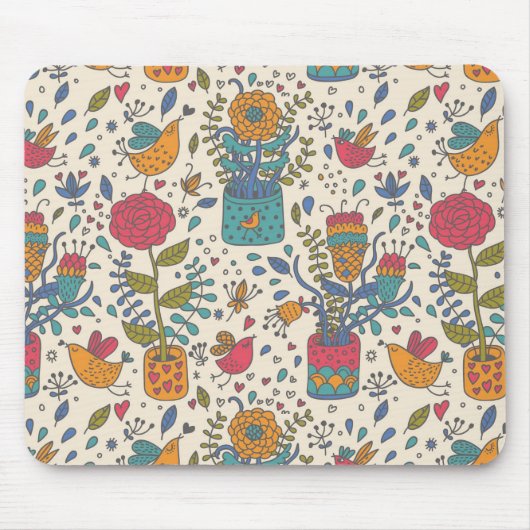 Cartoonblumenmuster mit Vögeln 2 Mousepad (Vorne)