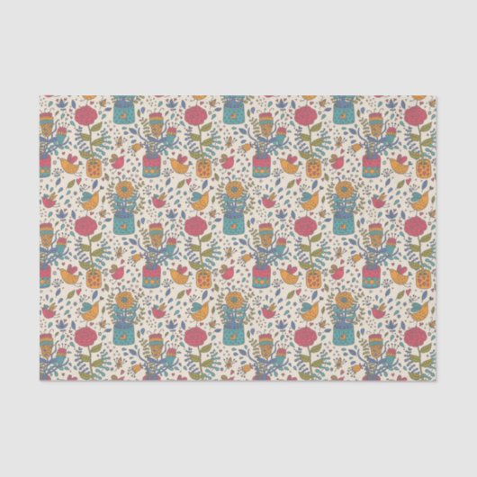 Cartoonblumenmuster mit Vögeln 2 Seidenpapier (Vorderseite)