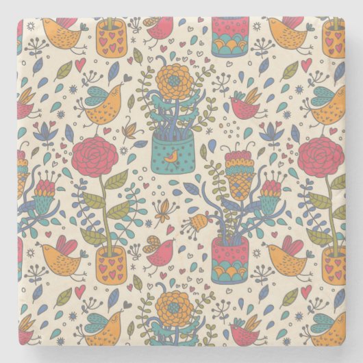 Cartoonblumenmuster mit Vögeln 2 Steinuntersetzer (Vorderseite)