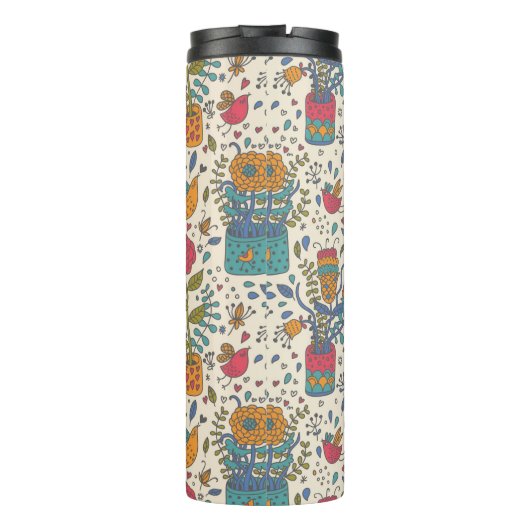 Cartoonblumenmuster mit Vögeln 2 Thermosbecher (Rückseite)