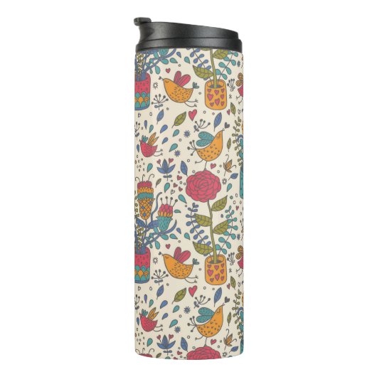 Cartoonblumenmuster mit Vögeln 2 Thermosbecher (Nach rechts gedreht)
