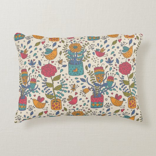 Cartoonblumenmuster mit Vögeln 2 Zierkissen (Vorderseite)