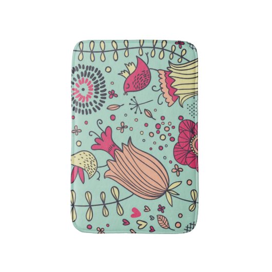 Cartoonblumenmuster mit Vögeln Badematte (Vorderseite Vertikal)