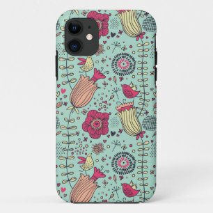 Cartoonblumenmuster mit Vögeln Case-Mate iPhone Hülle