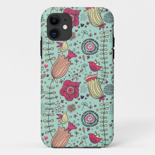 Cartoonblumenmuster mit Vögeln Case-Mate iPhone Hülle (Rückseite)