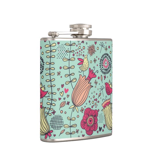 Cartoonblumenmuster mit Vögeln Flachmann (Rechts)