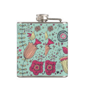 Cartoonblumenmuster mit Vögeln Flachmann (Rückseite)