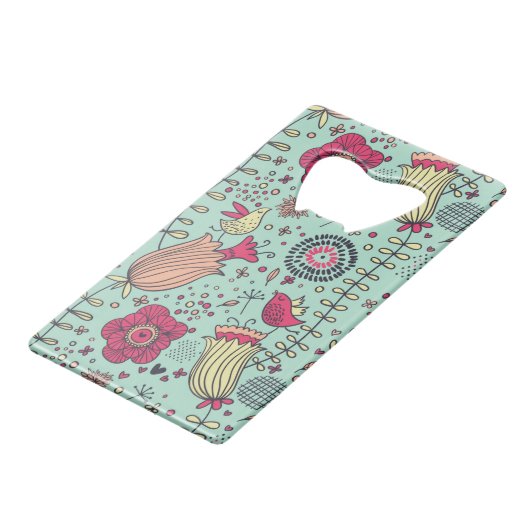 Cartoonblumenmuster mit Vögeln Geldbeutel Flaschenöffner (Rückseite Schrägansicht)