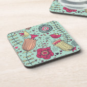 Cartoonblumenmuster mit Vögeln Getränkeuntersetzer (Linke Seite)