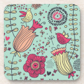 Cartoonblumenmuster mit Vögeln Getränkeuntersetzer (Vorderseite)