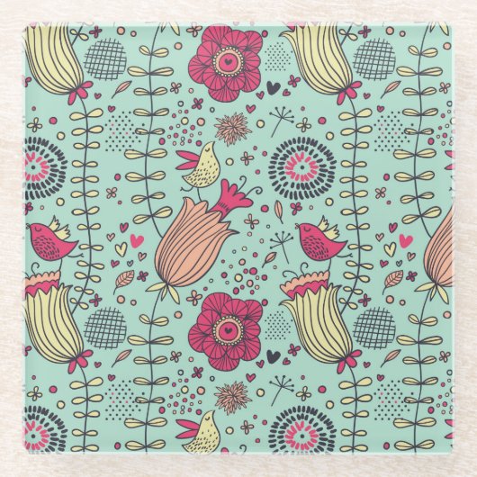 Cartoonblumenmuster mit Vögeln Glasuntersetzer (Vorderseite)