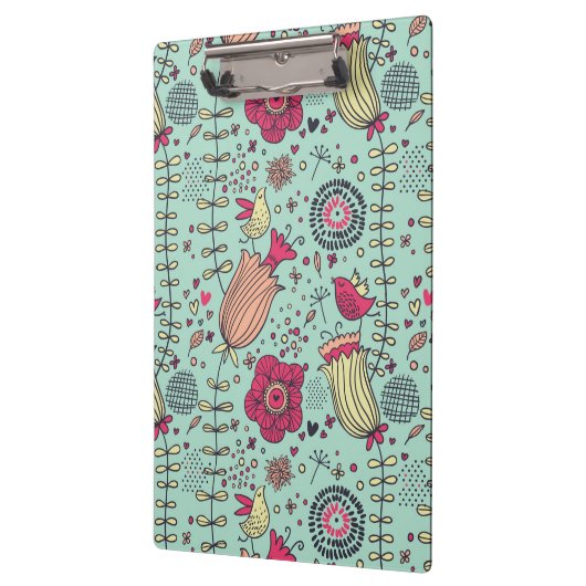 Cartoonblumenmuster mit Vögeln Klemmbrett (Links)