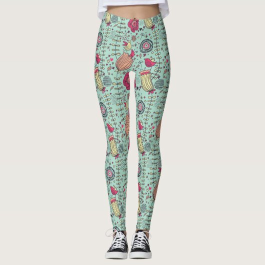 Cartoonblumenmuster mit Vögeln Leggings (Vorderseite)
