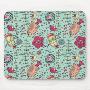 Cartoonblumenmuster mit Vögeln Mousepad
