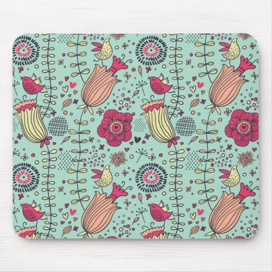 Cartoonblumenmuster mit Vögeln Mousepad (Vorne)