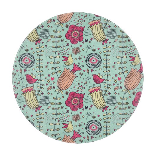 Cartoonblumenmuster mit Vögeln Schneidebrett (Vorderseite)