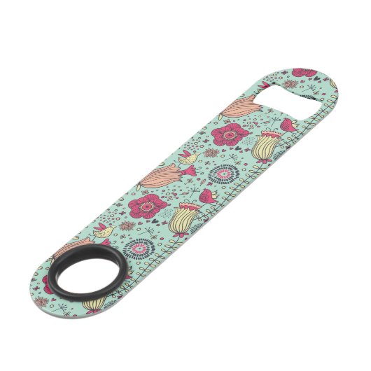 Cartoonblumenmuster mit Vögeln Speedflaschenöffner (Rückseite Schrägansicht)