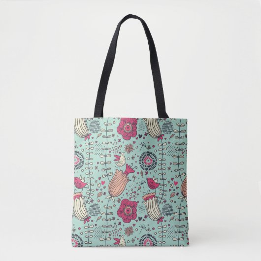 Cartoonblumenmuster mit Vögeln Tasche (Vorderseite)