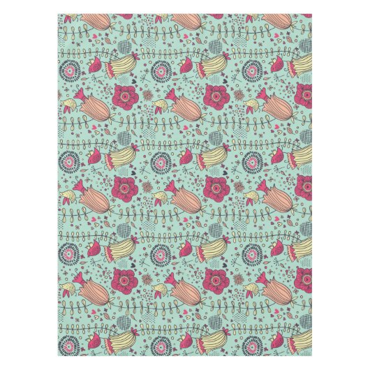 Cartoonblumenmuster mit Vögeln Tischdecke (Vorderseite)