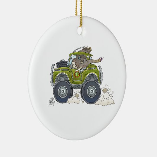 Cartoonillustration eines Elefanten, der einen Keramikornament (Rechts)