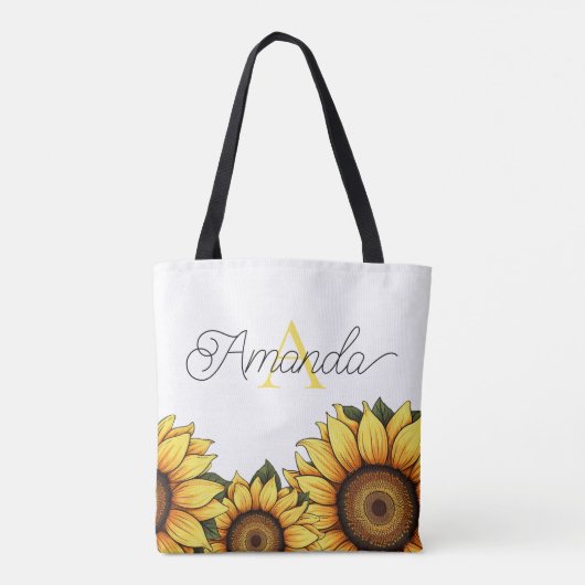Cartoonish Yellow Custom Monogram Name Sunflower Tasche (Rückseite)