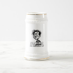 Cartoonkunst mit „Zum Glück…“-Zitat Bierglas