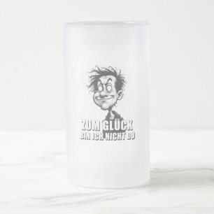 Cartoonkunst mit „Zum Glück…“-Zitat Mattglas Bierglas